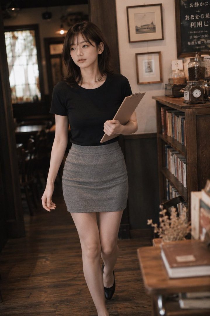 A young woman with dark brown hair, wearing a black t-shirt and grey mini skirt, walks through a cozy book cafe holding a clipboard.