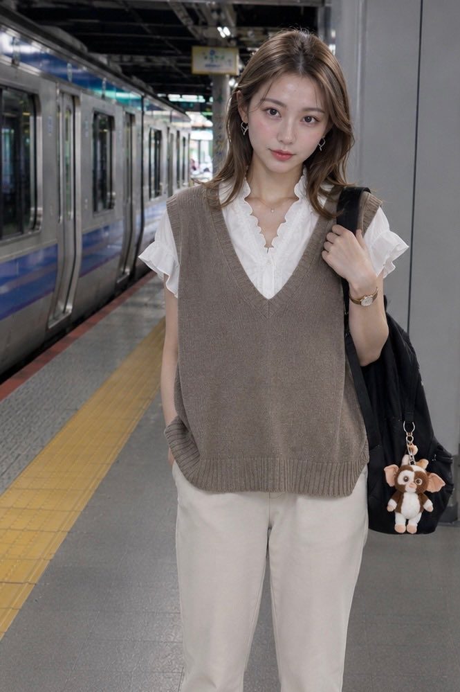 A young woman with brown wavy hair stands on a train station platform, wearing a brown knitted vest over a white ruffled blouse and light-colored pants, with a backpack adorned with a Gremlins keychain.