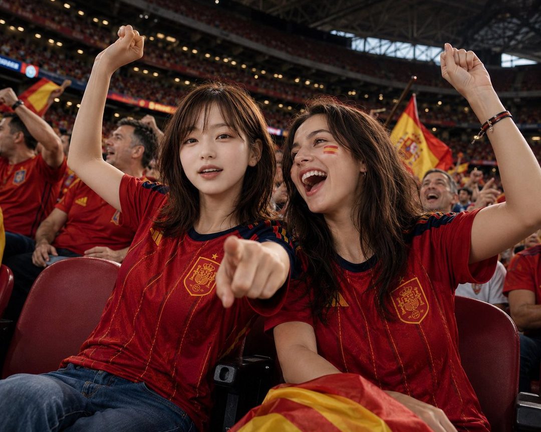 Two young women in red Spanish national football team jerseys are cheering enthusiastically in a crowded stadium, with one pointing towards the viewer.