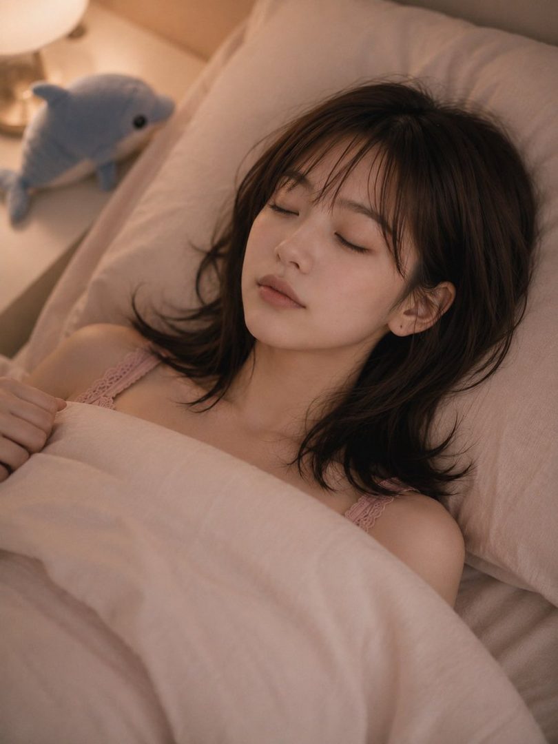 A peaceful portrait of a young woman with dark brown hair sleeping soundly in bed, covered by a pink blanket, with a stuffed dolphin visible in the background.