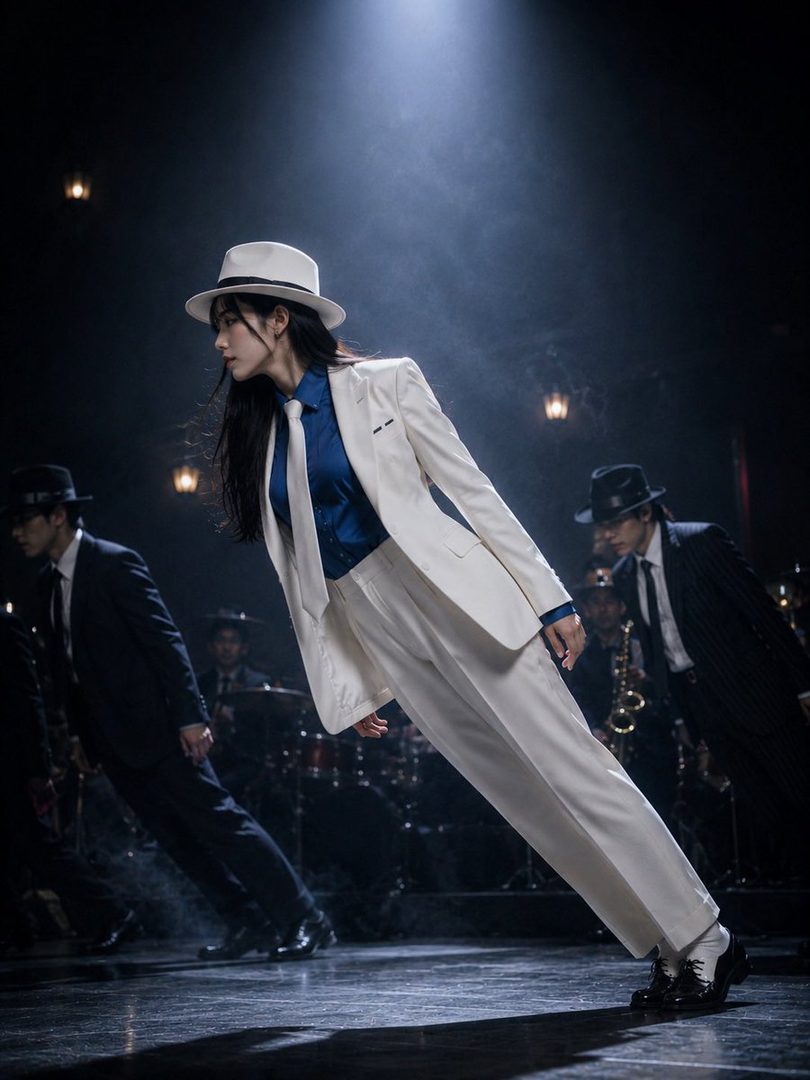 A woman in a white suit, blue shirt, and white fedora hat performs a dynamic lean on a dark stage under a spotlight, reminiscent of Michael Jackson's iconic dance move.