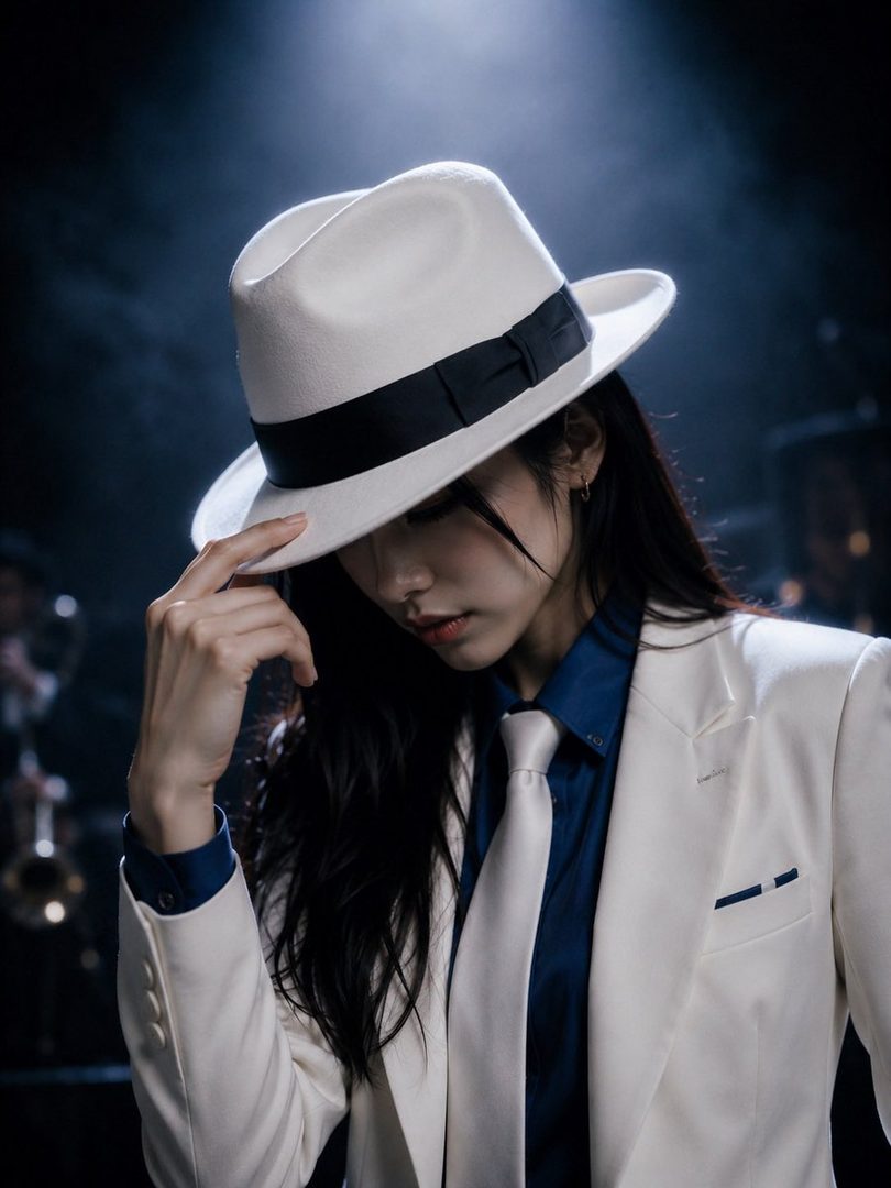 A person dressed in a white suit, blue shirt, white tie, and white fedora, reminiscent of Michael Jackson, stands under a spotlight with their head tilted down.