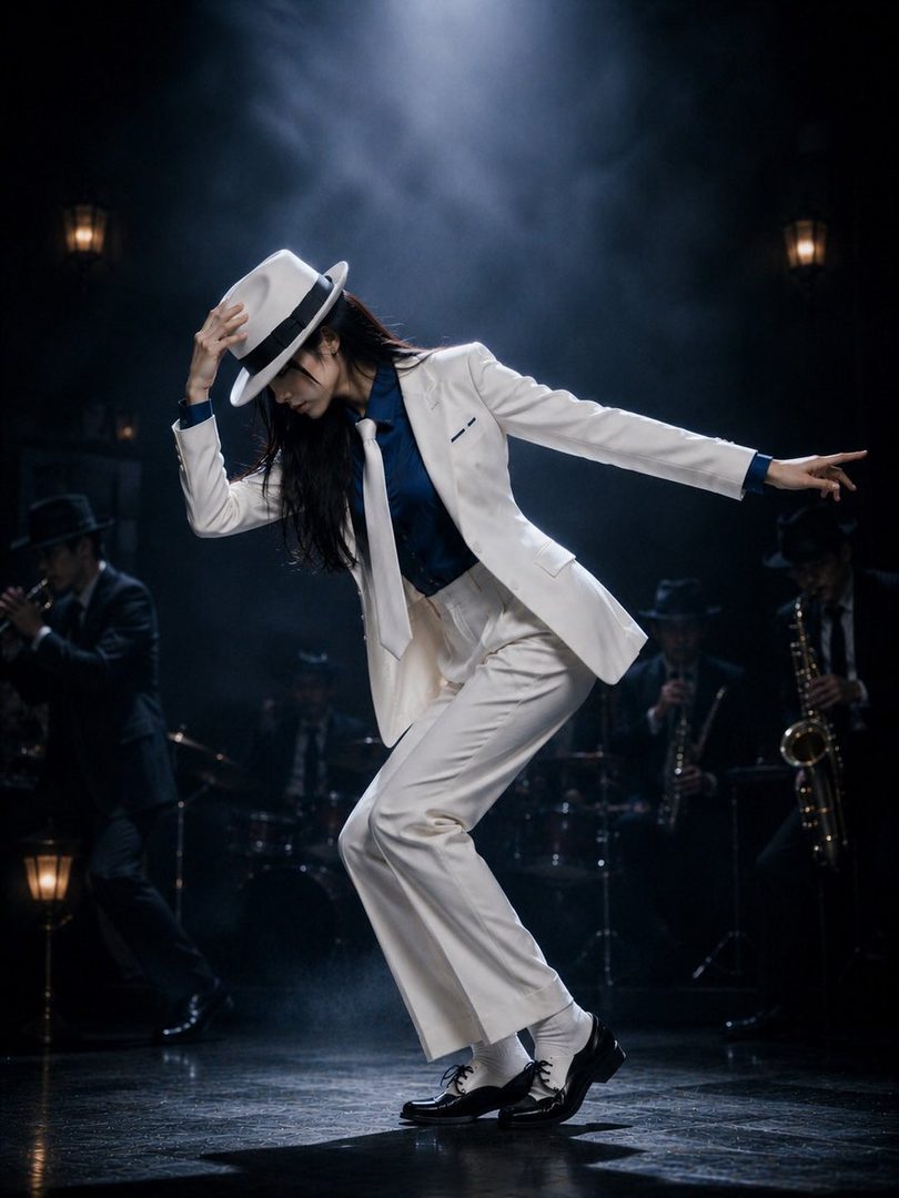 A person dressed in a white suit and fedora, reminiscent of Michael Jackson, strikes a dance pose on a dark stage under a spotlight, with blurred musicians in the background.