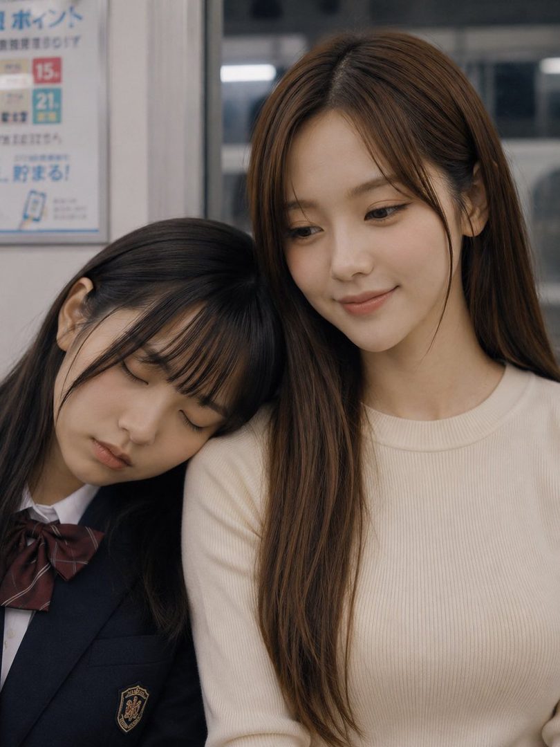 Two young women on a train, one in a school uniform sleeping on the shoulder of another woman with long brown hair wearing a cream sweater.