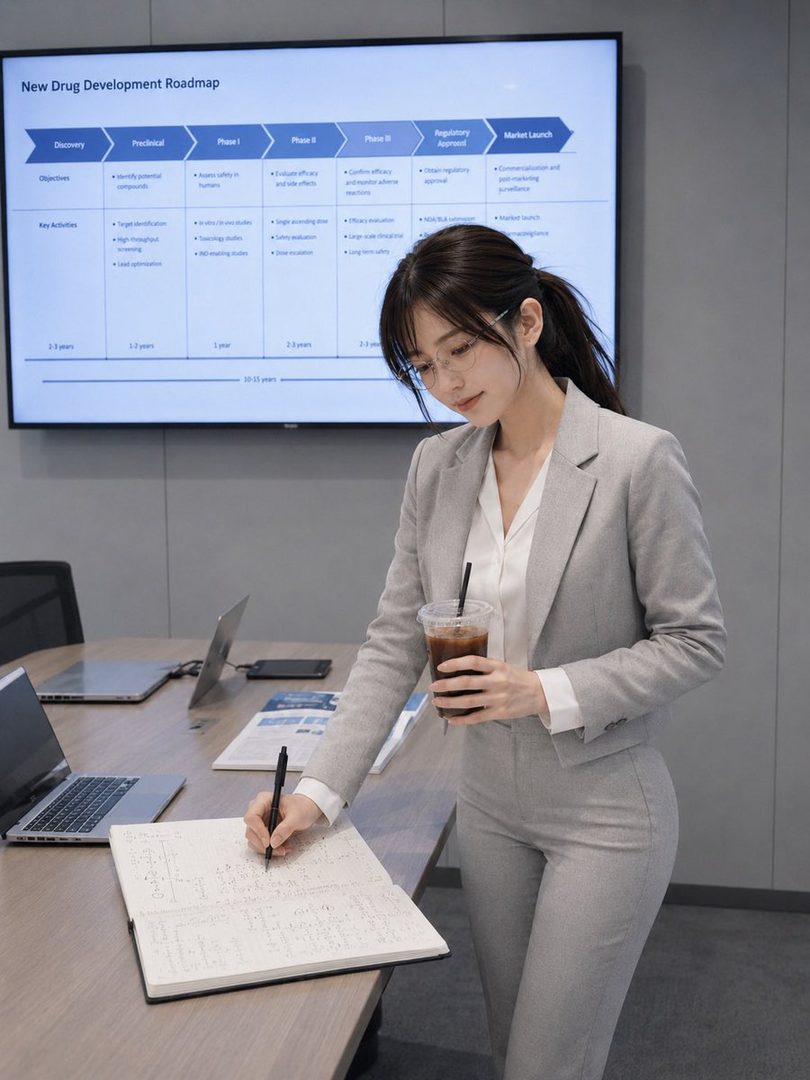 A young woman in a grey business suit and glasses writes in a notebook while holding an iced coffee in an office meeting room with a presentation screen in the background.