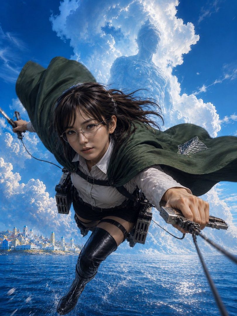 A woman cosplaying as Hange Zoë from Attack on Titan, flying over the ocean with ODM gear, with a colossal titan-shaped cloud in the background.