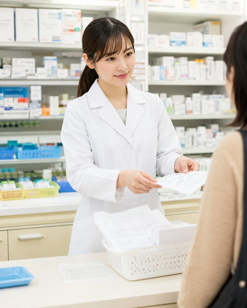 A professional female pharmacist in a white lab coat is explaining medication to a customer at a pharmacy counter.