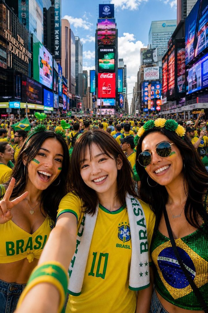 Three women in Brazil soccer jerseys take a selfie in a crowded Times Square, celebrating the World Cup.