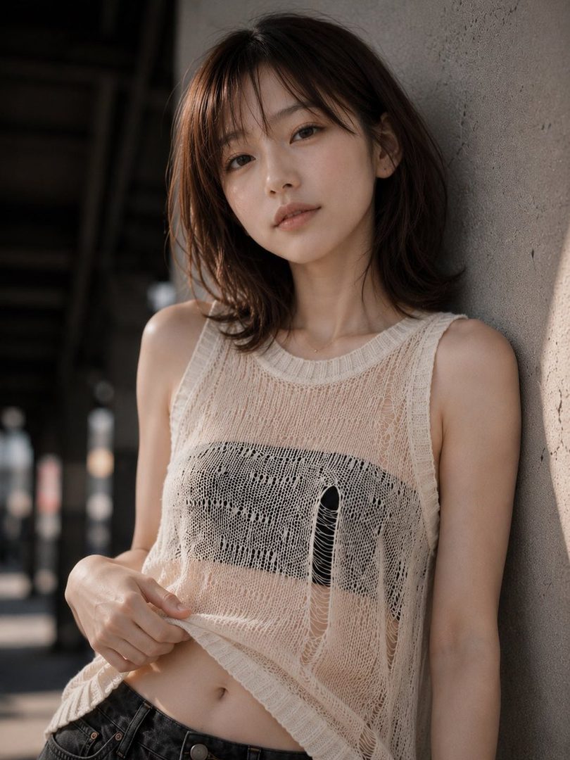 A young woman with short brown hair and bangs wears a distressed knit top, revealing her midriff, as she leans against a concrete wall outdoors.