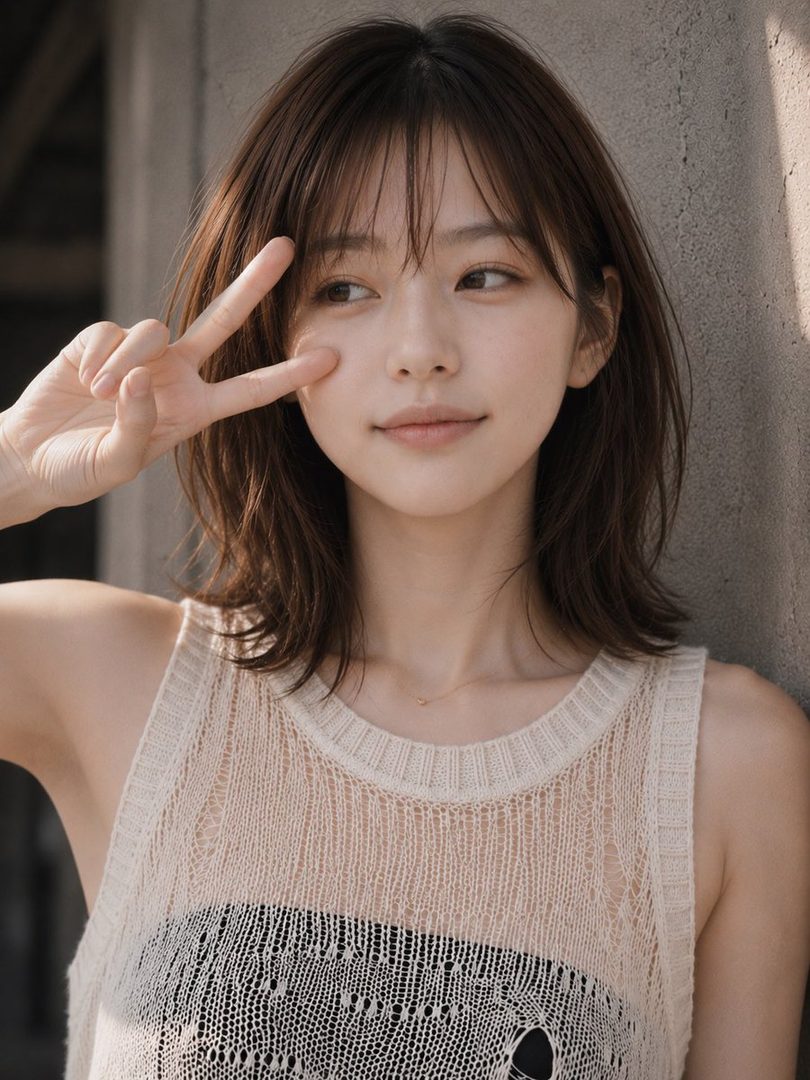 A young woman with brown bob hair and bangs makes a peace sign gesture while looking to the side, wearing a light beige knitted top.