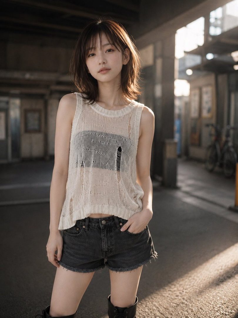 A young woman with short brown hair and bangs, wearing a white sleeveless knit top and black denim shorts, stands in an urban setting with sunlight filtering from behind.