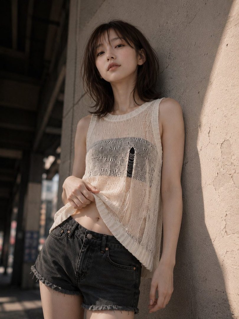 A young woman with brown bob hair and bangs, wearing a distressed cream knit top and black denim shorts, leans against a concrete wall in an urban setting.