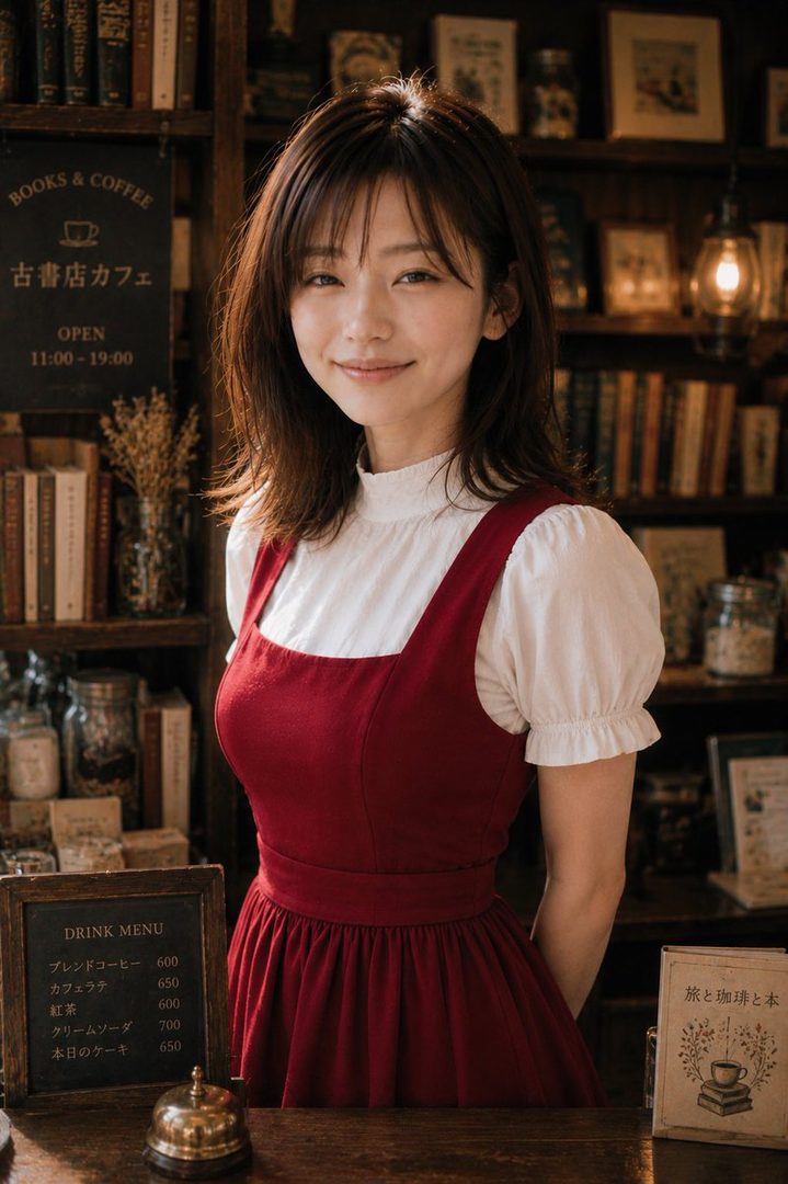 A charming woman with dark brown hair and bangs, wearing a red pinafore dress over a white puff-sleeve blouse, smiles gently in a cozy book cafe.