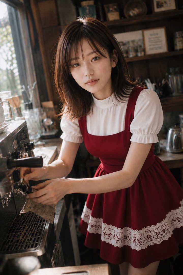 A young woman with brown hair wearing a red pinafore dress with a white blouse is making coffee in a cafe.