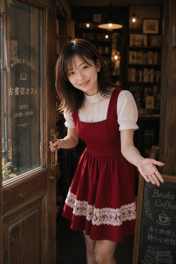 A young woman in a red pinafore dress and white blouse stands at the entrance of a book cafe, smiling and gesturing invitingly.