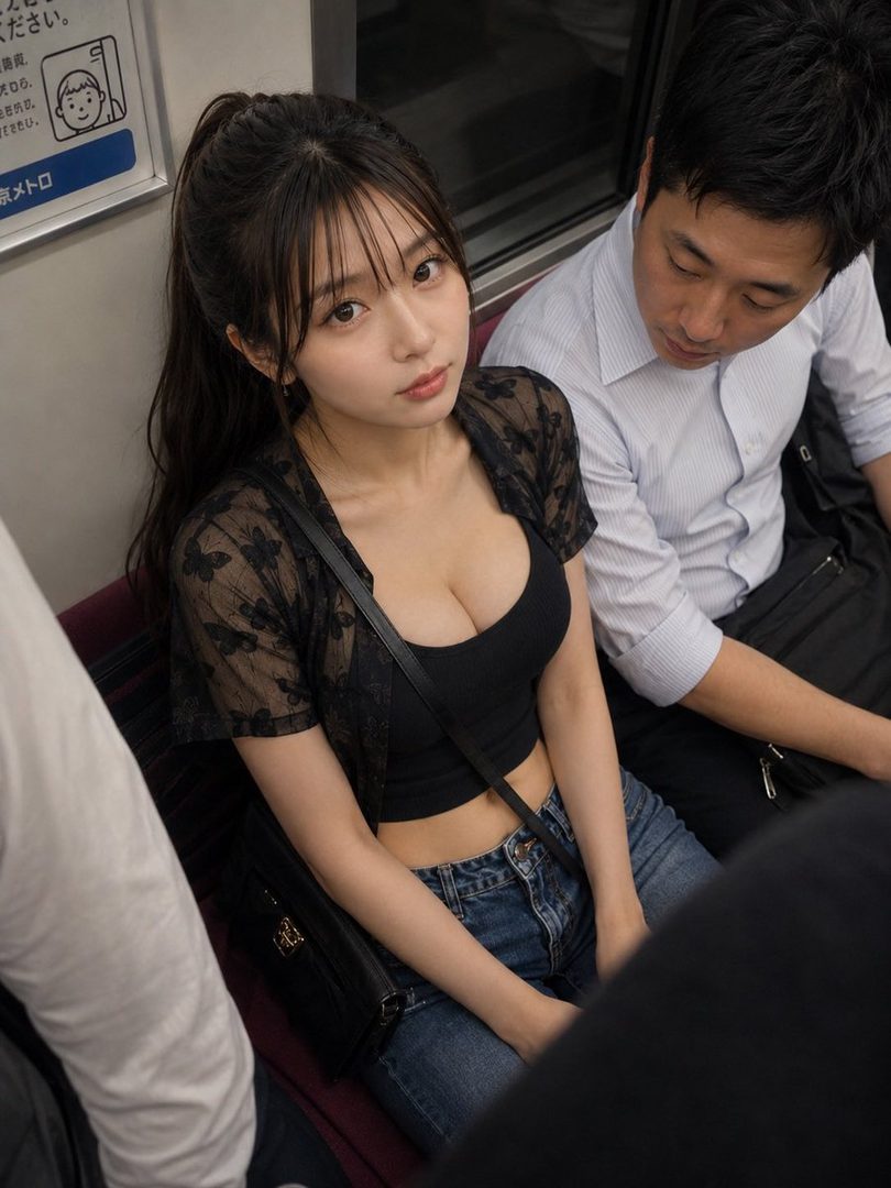A young woman with dark hair in a ponytail, wearing a black crop top and sheer black top, sits on a subway train.