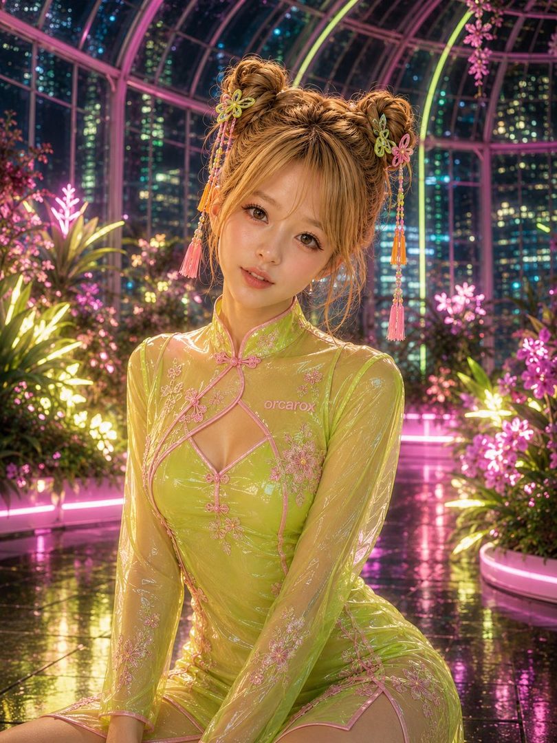 A woman with light brown space buns and tassel hair ornaments wears a sheer lime green cheongsam in a futuristic greenhouse with neon pink and green lighting.