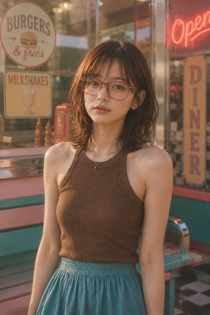 A young woman with brown hair and glasses wears a brown tank top and blue skirt, standing in front of a retro diner with neon signs.