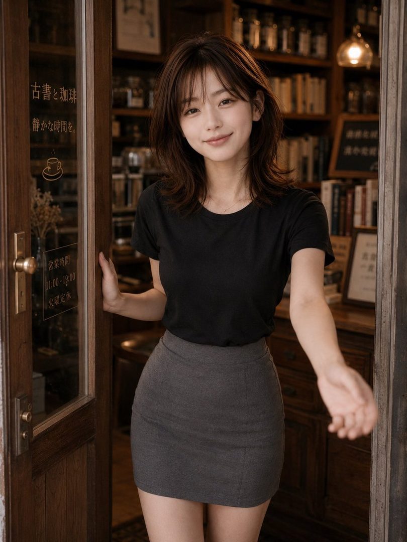 A young woman with brown hair and bangs, wearing a black t-shirt and grey mini skirt, stands smiling in the doorway of a cozy book cafe.