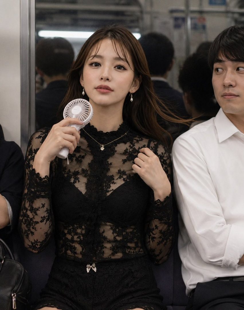 A woman with long brown hair wearing a black lace top and shorts holds a portable fan while sitting on a subway train next to a man.