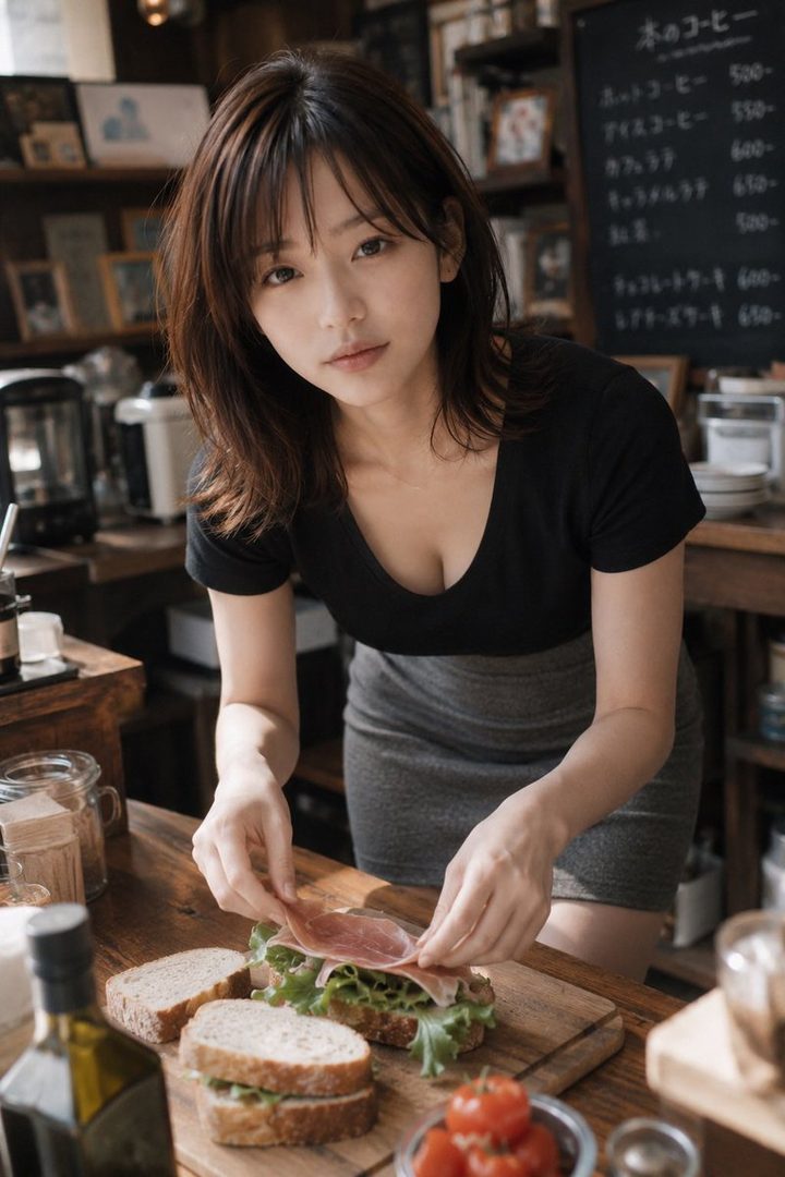 A young woman with dark brown hair and bangs, wearing a black v-neck t-shirt and grey skirt, is making a sandwich in a cozy cafe.