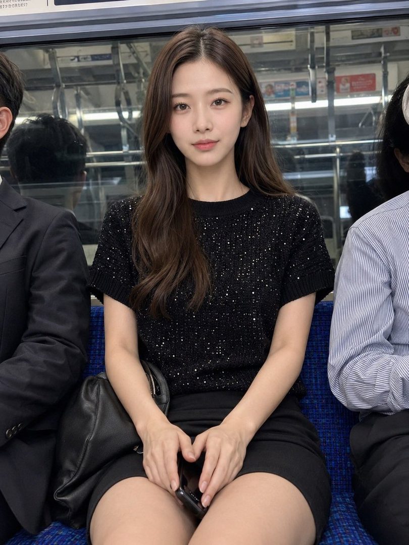 A young woman with long dark brown hair sits on a subway train, wearing a black sequined top and a black mini skirt, holding a smartphone.