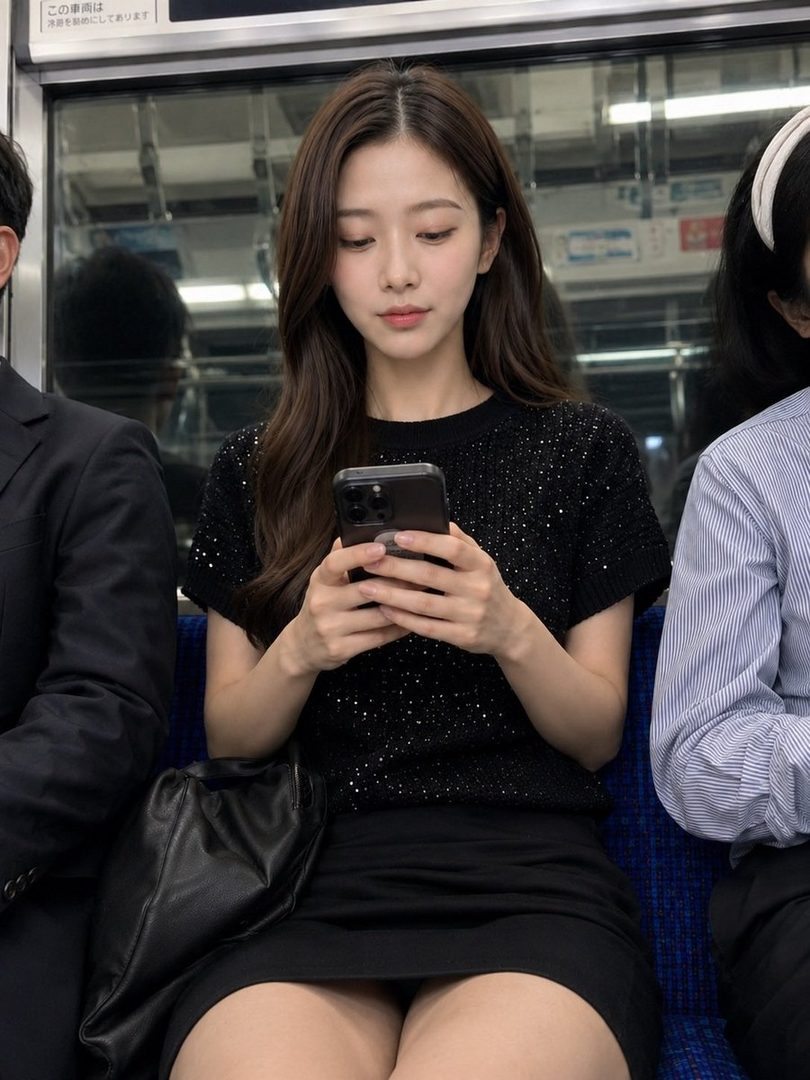 A young woman with long brown hair wearing a black sequin top and mini skirt is looking at her smartphone while sitting on a subway train.
