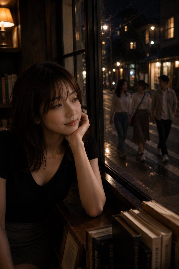 A young woman with dark brown hair sits by a cafe window at night, looking pensively out at the illuminated street where people are walking.