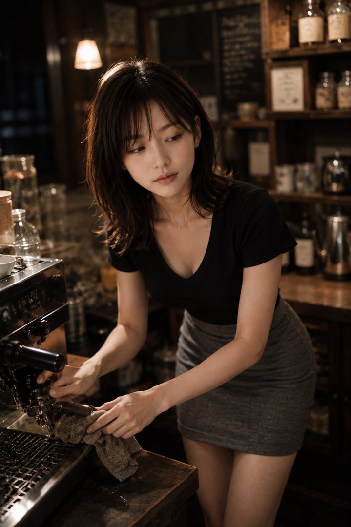 A young woman with dark brown hair and bangs, wearing a black v-neck t-shirt and a grey mini skirt, is focused on cleaning an espresso machine in a dimly lit cafe.