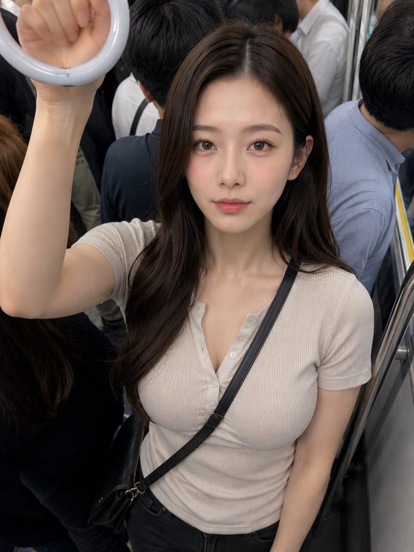 A young woman with long dark hair and a light-colored ribbed t-shirt holds onto a strap in a crowded subway train.