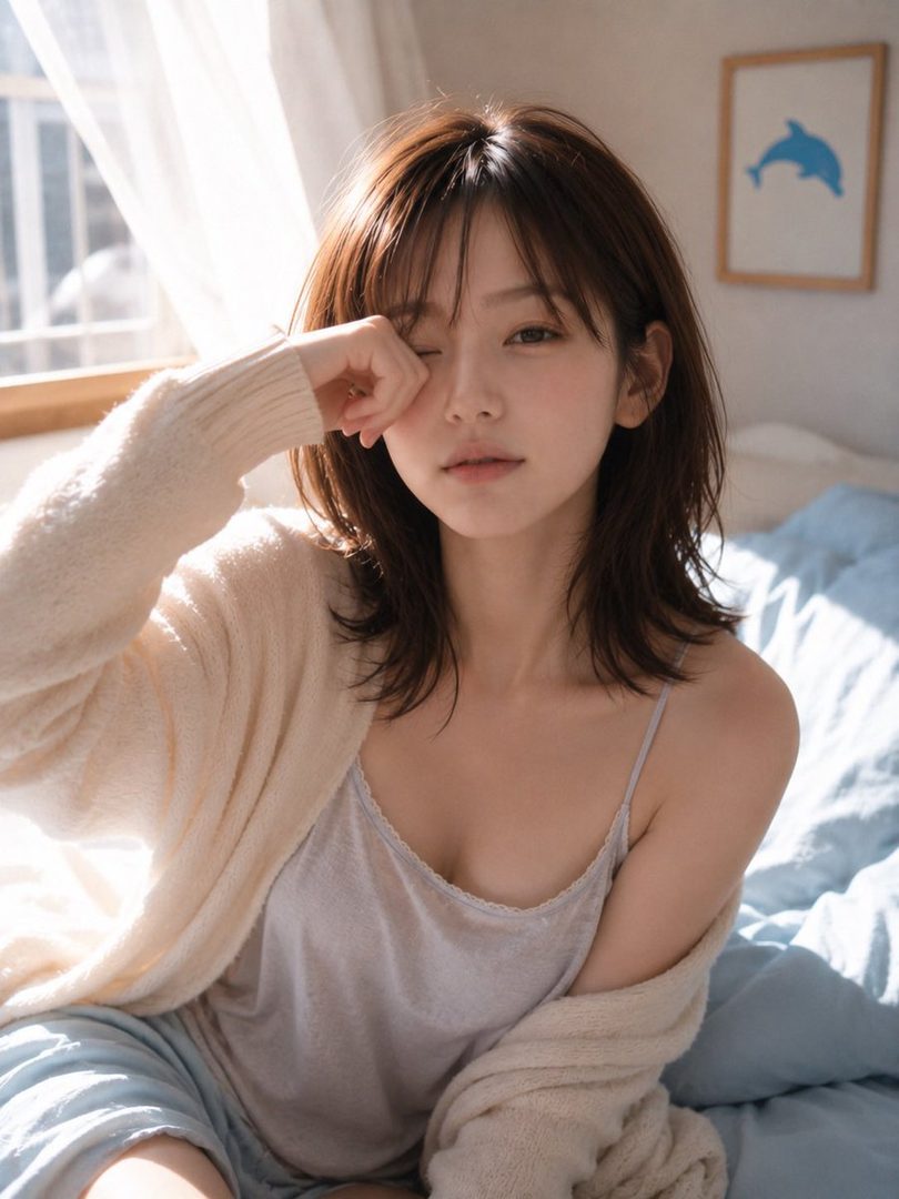 A young woman with brown hair and a light cardigan sits on a bed, rubbing her eye as if just waking up, with soft morning light coming through a window.