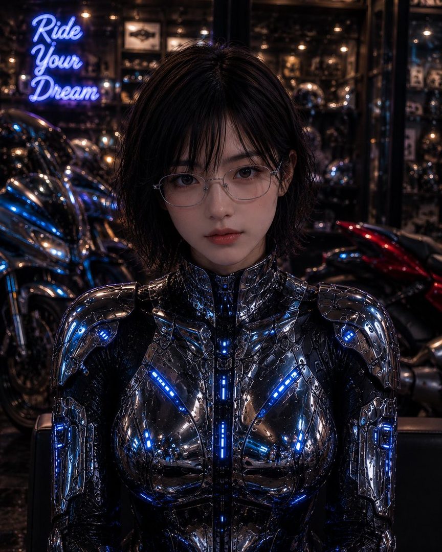 A woman with short black hair and glasses wears a futuristic metallic suit with blue lights, standing in a motorcycle shop with a neon sign that reads "Ride Your Dream."