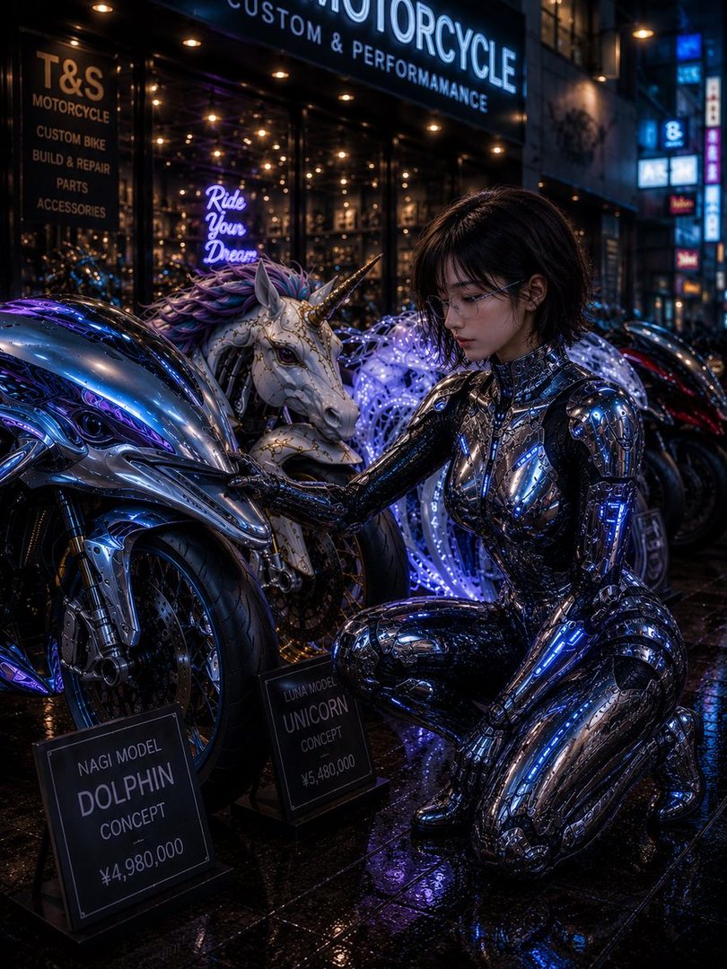 A woman in a metallic blue mecha suit crouches next to a custom unicorn-themed motorcycle on a futuristic city street at night.