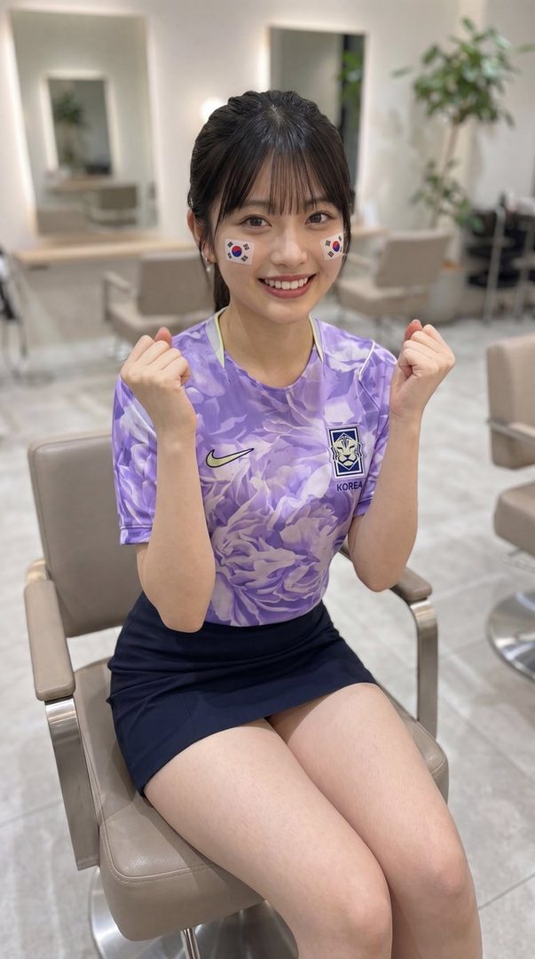 A young woman with dark hair and bangs, wearing a purple Korean soccer jersey and a black mini skirt, sits in a chair with Korean flag face paint on her cheeks and her fists raised in excitement.