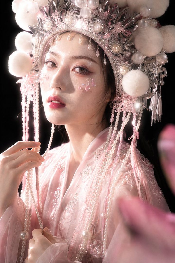 A woman in an elaborate pink and silver traditional Chinese opera costume with pearl embellishments and a large headdress, looking elegantly at the camera.