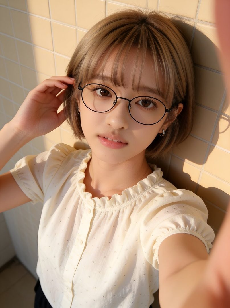 A young woman with short blonde hair and glasses takes a selfie outdoors, bathed in warm sunlight.