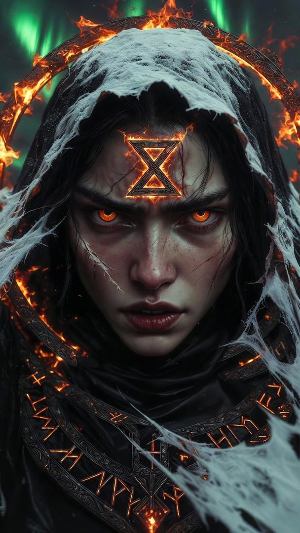 A photorealistic portrait of a mysterious woman with glowing orange eyes and a fiery symbol on her forehead, wearing a dark hooded cloak with glowing runes, against a backdrop of green aurora borealis.