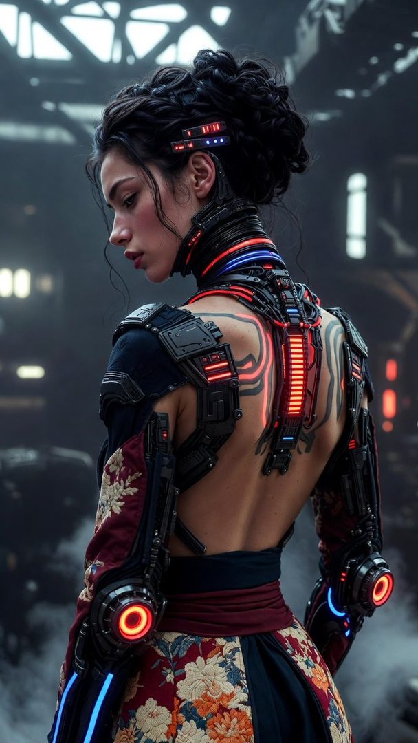A photorealistic portrait of a woman with black hair in a cyberpunk-inspired kimono, featuring glowing red and blue accents on her back and arms.