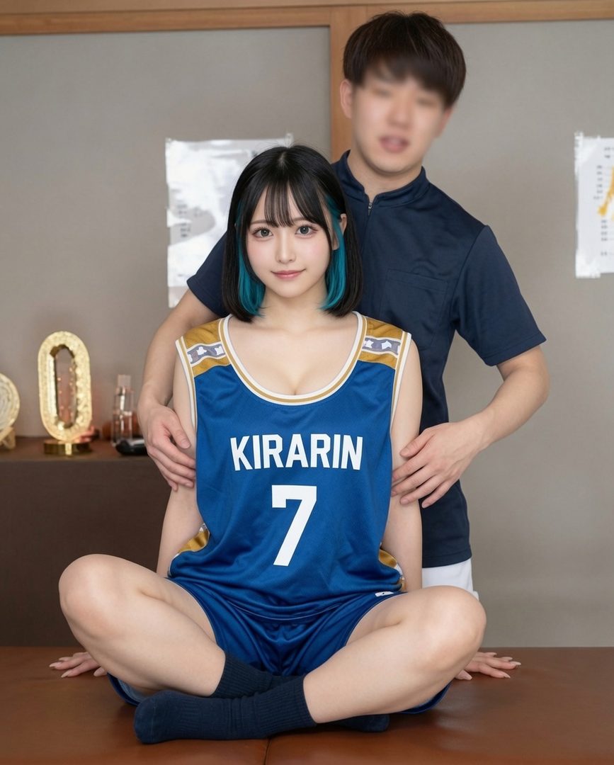 A woman with black and blue short hair wearing a blue and gold sports jersey with the number 7 and 'KIRARIN' written on it, sitting cross-legged while a man stands behind her with his hands on her shoulders.
