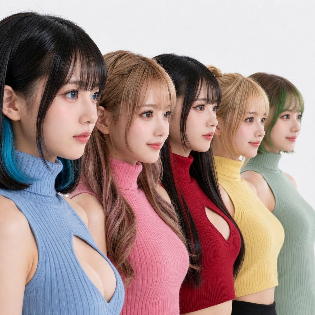 Five AI idol girls with colorful hair and matching turtleneck knit tops pose in a line against a white background.