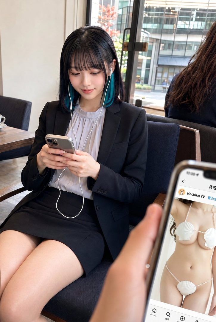 A young woman with black hair and blue highlights, wearing a suit and skirt, sits in a cafe while looking at her phone, with a hand holding another phone displaying a suggestive image in the foreground.
