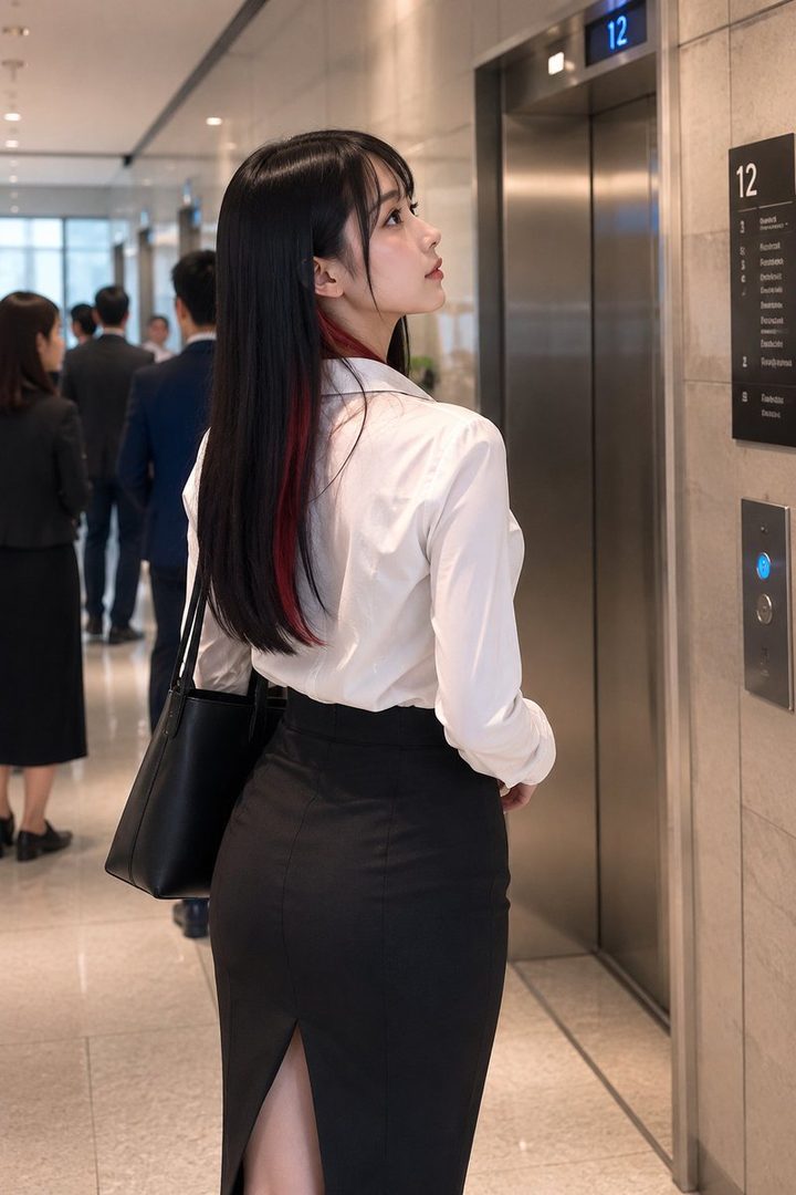 A young woman with long black hair and a white blouse stands in an office building, waiting for an elevator.