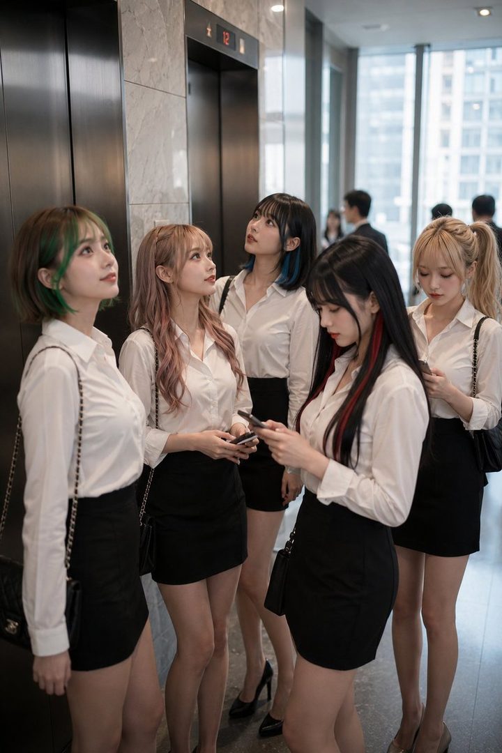 Five young women in white blouses and black skirts wait for an elevator in a modern building.