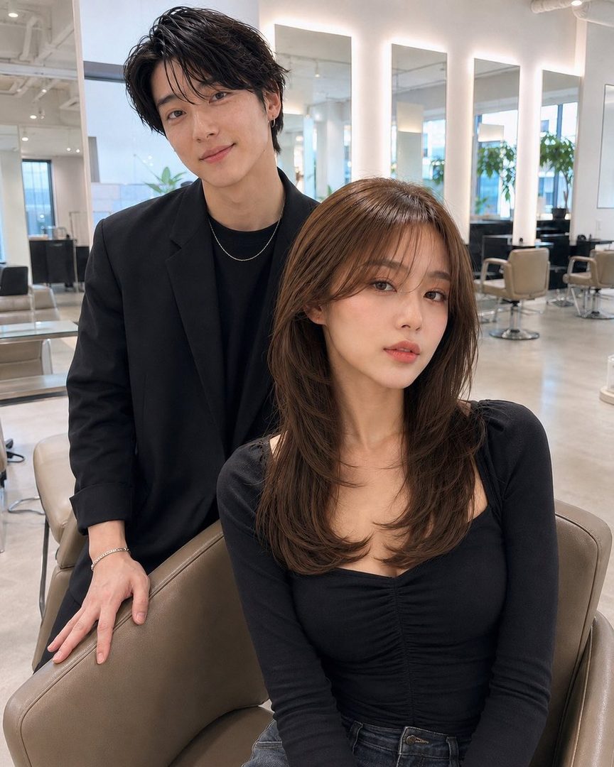 A man in a black blazer stands behind a woman with layered dark brown hair, both posing in a modern hair salon.