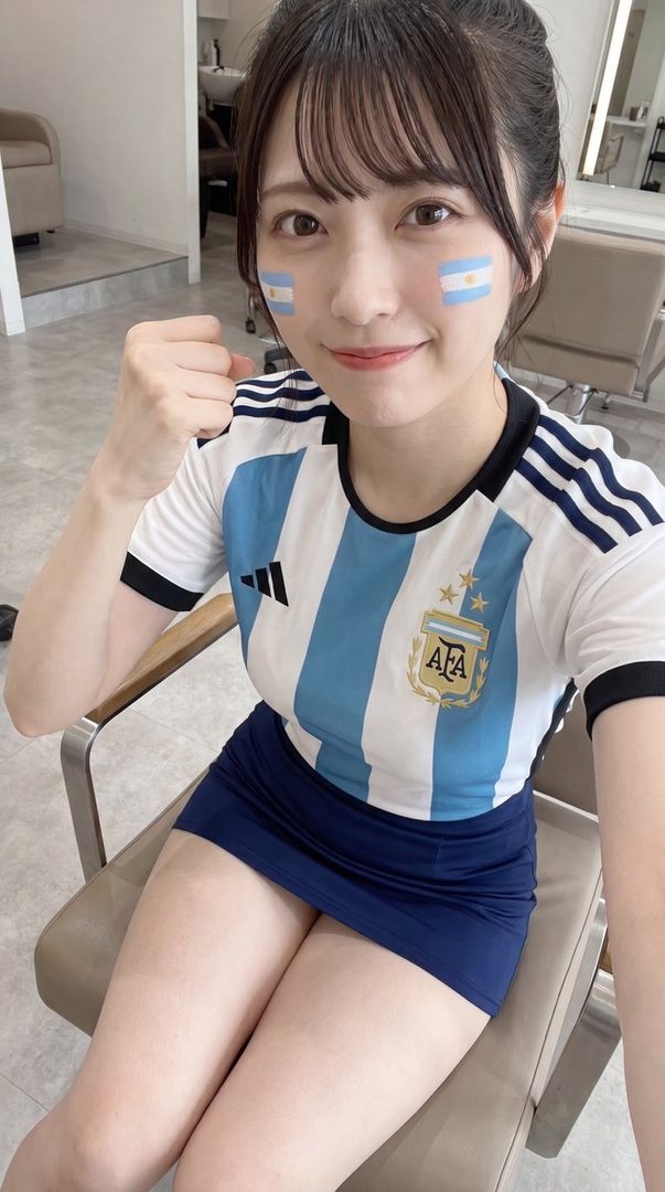 A young woman with dark brown hair and bangs, wearing an Argentina soccer jersey and a navy mini skirt, takes a selfie indoors with Argentina flag face paint on her cheeks.