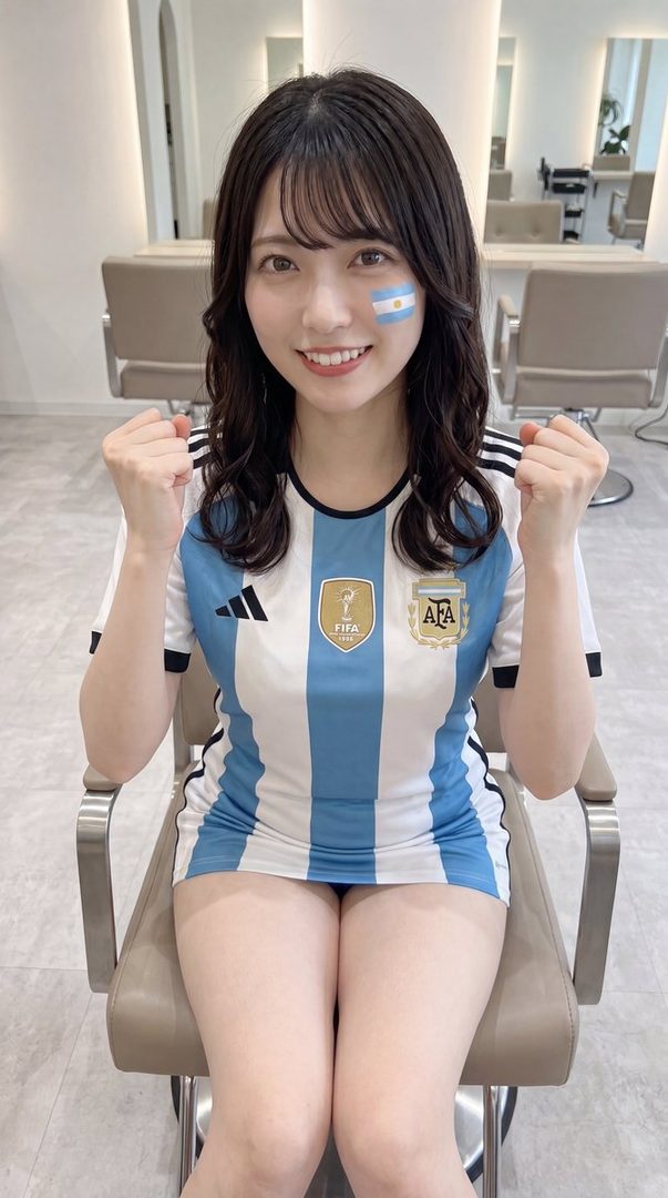 A young woman with dark wavy hair and bangs, wearing an Argentina national football team jersey, smiles and clenches her fists in a hair salon, with an Argentina flag painted on her cheek.