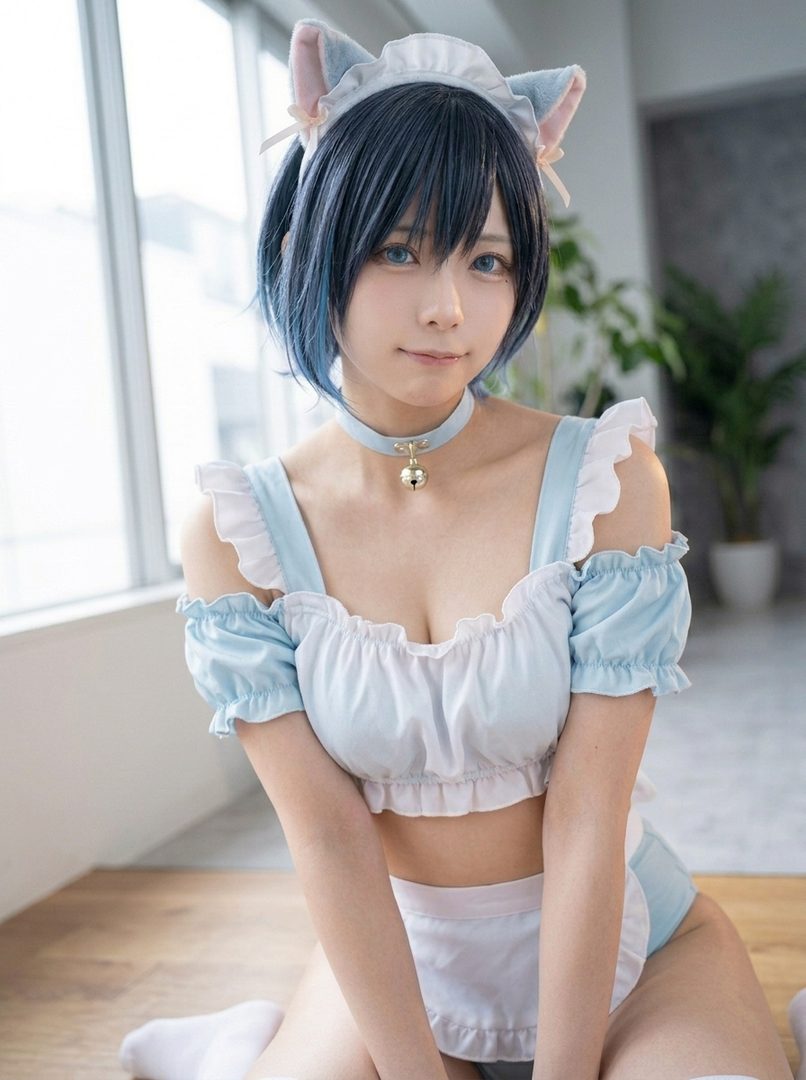 A woman in a light blue maid cosplay outfit with cat ears and a bell collar poses indoors.