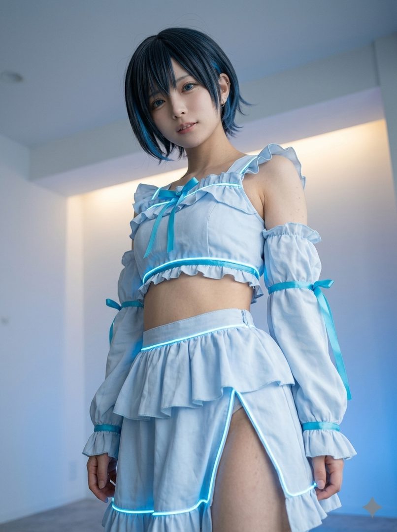 A woman with short blue hair and a light blue ruffled crop top and skirt with glowing accents poses indoors.
