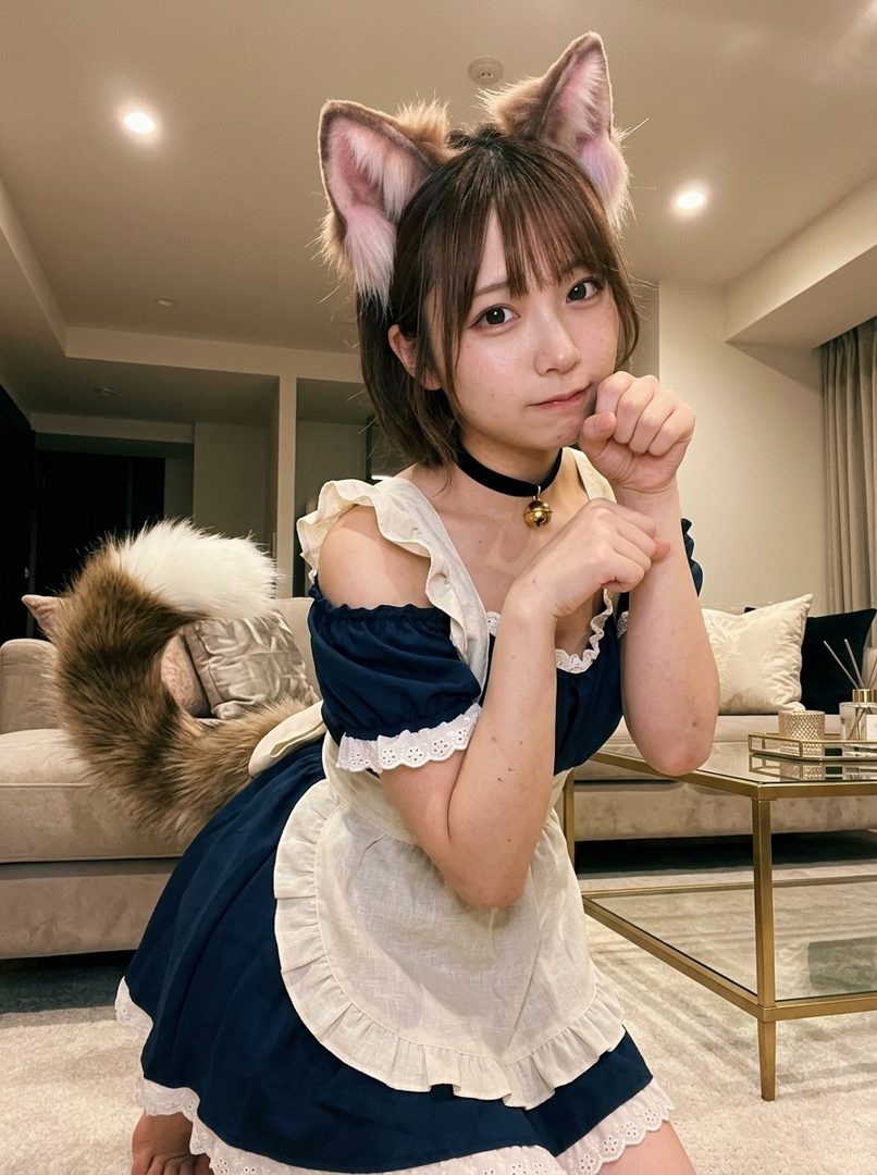 A cute girl in a maid outfit with cat ears and tail poses indoors.