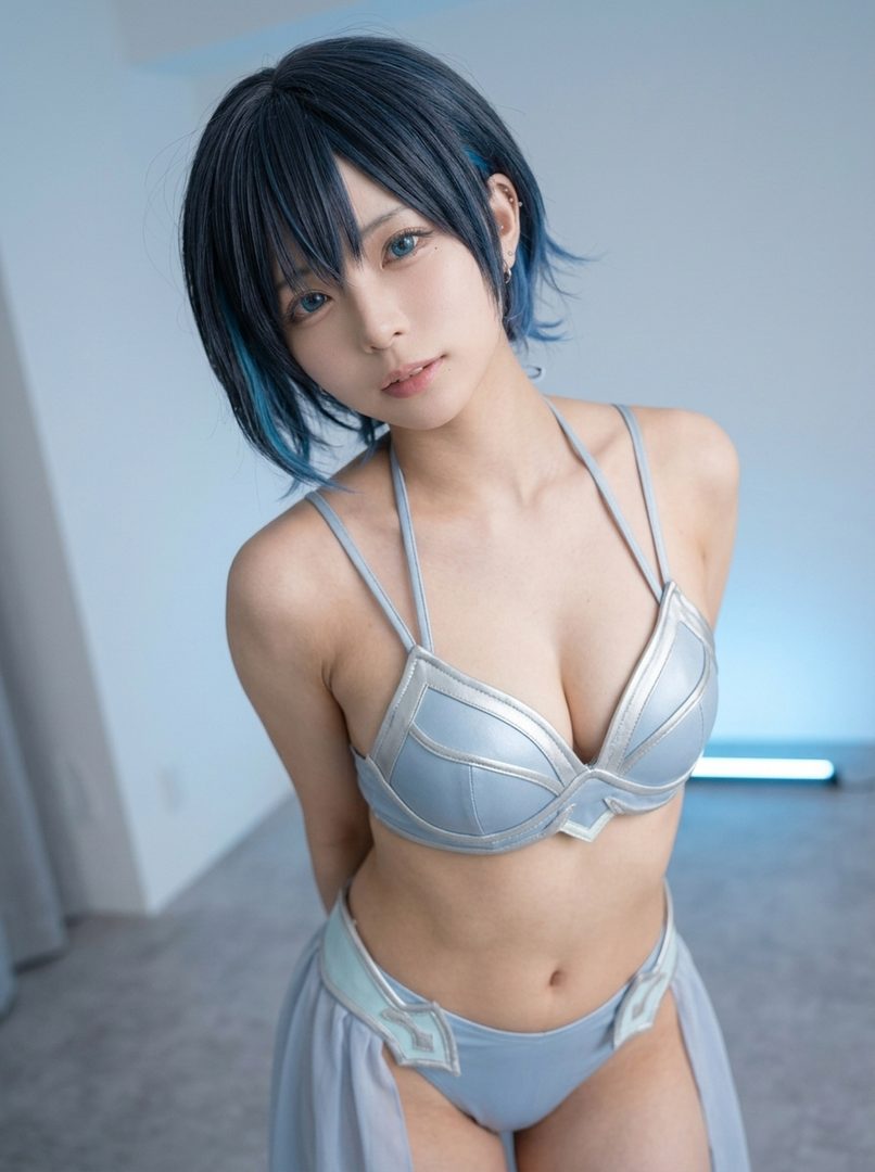 A woman with short blue hair and blue eyes poses in a light blue and silver bikini top and matching bottom with a sheer skirt.